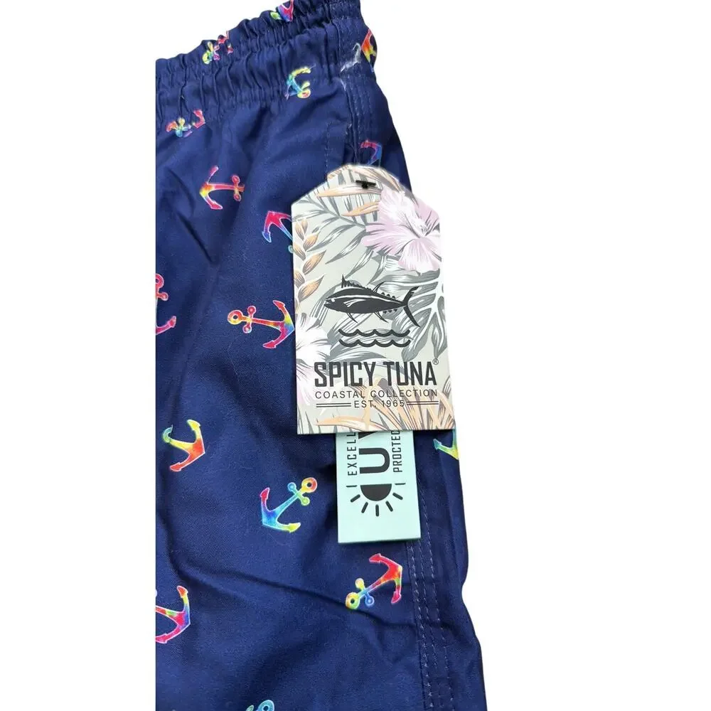 New Men's Spicy Tuna Navy Blue Colorful Anchors Design Swim Shorts Trunks Size L